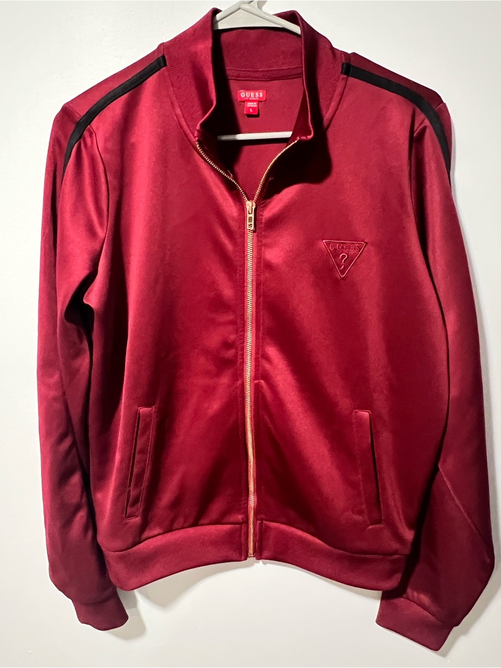 Guess Women’s Burgundy Track Jacket with Black Shoulder Stripes and Gold Zipper